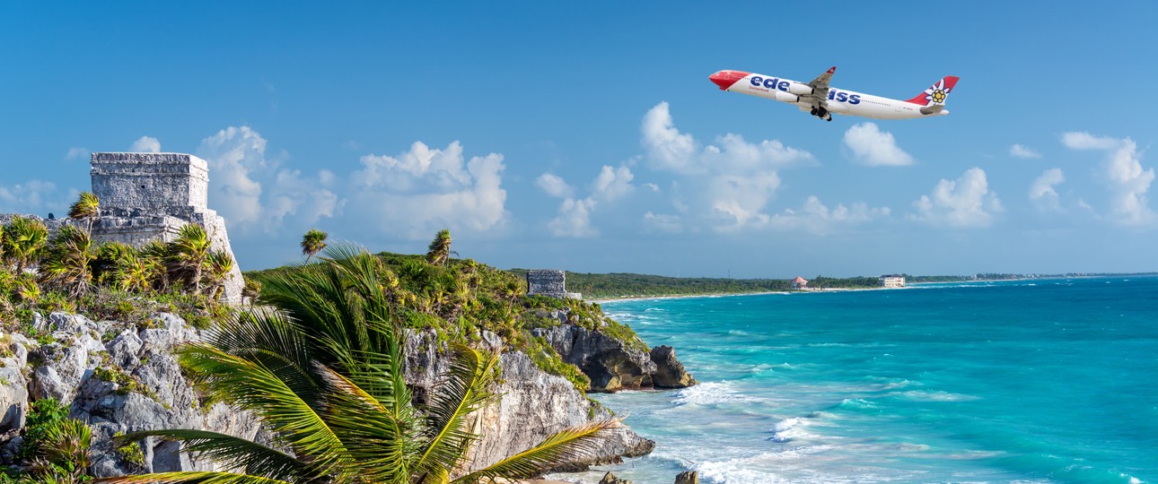 Airbus A340 von Edelweiss über Yukatán: Tulum als Option zur Ergänzung.
