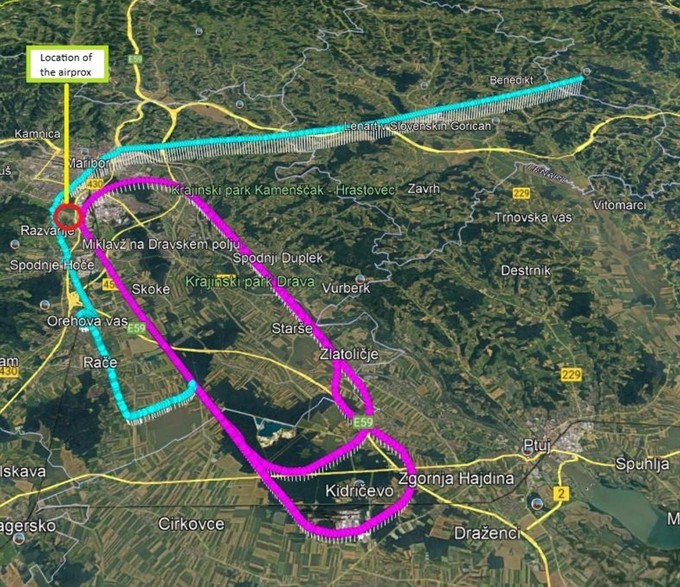 Die beiden Flugrouten (der A320 in Pink) und der Punkt der größten Annäherung.