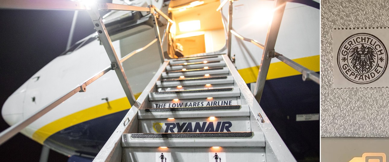 Ryanair-Jet (Archivbild) und die Pfändungsmarke in der Kabine eines Flugzeuges des Billigfliegers.