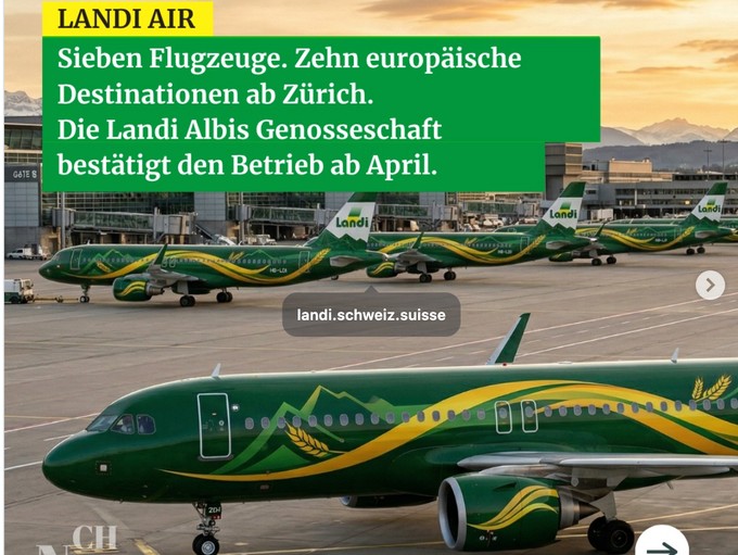 In der Schweiz wurde die Gründung einer neuen Airline angekündigt: Landi Air will mit sieben Flugzeugen zehn europäischen Destinationen ab Zürich anfliegen. Für den nötigen Antrieb sollen «leistungsfähige Power-Triebwerke  vom Hersteller von Landmaschinen John Deere» sorgen. Landi ist eine bekannte Genossenschaft und Handelsmarke, die vor allem in ländlichen Regionen vertreten ist. Landi bietet ein breites Sortiment von Landwirtschaftsbedarf über Bau- und Heimwerkerbedarf bis zu Freizeit- und Sportartikeln.