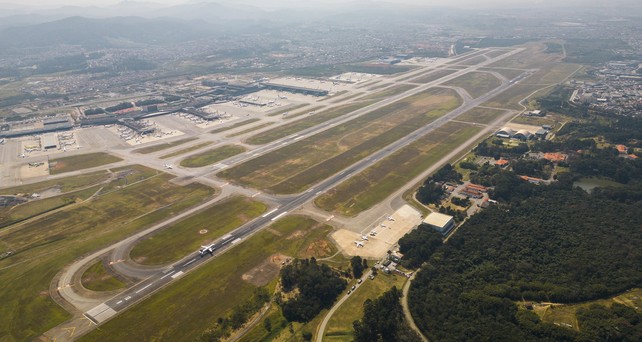 Luftaufnahme vom Flughafen Guarulhos: Der Abstand der beiden Pisten beträgt 375 Meter.
