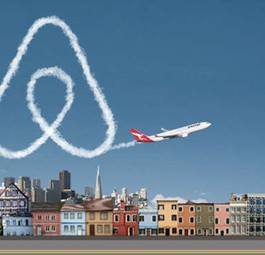 Eine Qantas-Maschine malt das Airbnb-Logo in den Himmel. So werben die Partner für sich.