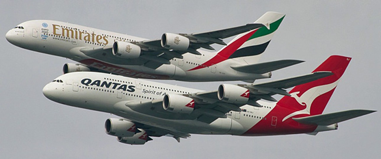 Tandemflug von Emirates' und Qantas' Superjumbos: Von nun an Partner.