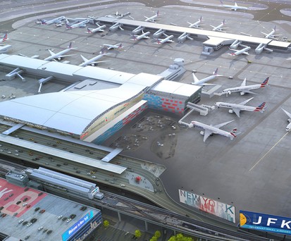Montage von Terminal 8: Kümftig gemeinsam von British Airways und American betrieben.