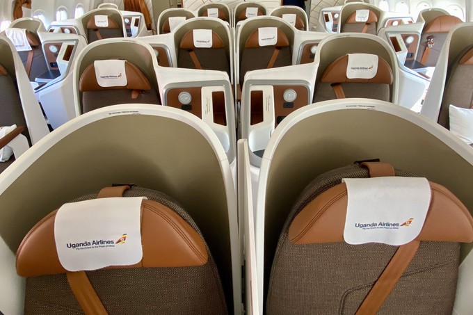 Blick in die Business Class im Airbus A330-800 von Uganda Airlines: Hier gibt es 20 Plätze, hinzu kommen  28 in der Premium Economy und 210 in der Economy Class.