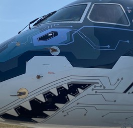 Embraer E-190-E2 mit Tech-Shark-Bemalung: Die Maschine ist bald für den brasiliansichen Rekordmeister Palmeiras unterwegs.