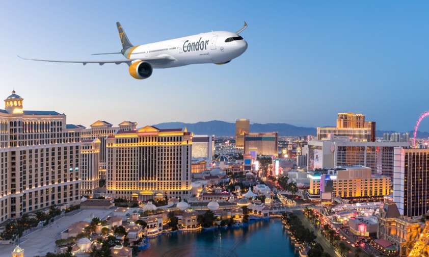 So ähnlich könnte ein Airbus A330-900 von Condor über Las Vegas aussehen: Die Stadt gehört zu den geplanten Zielen im Sommer 2022.