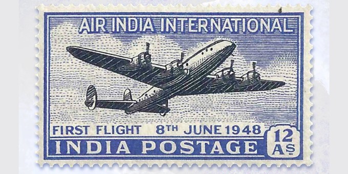 Briefmarke zum  internationalen Erstflugs von Air India 1948: Das eingesetzte ...