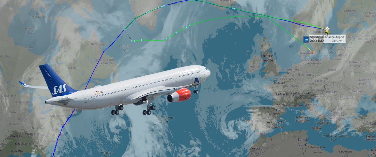 Airbus A330 von SAS: Die blaue Linie zeigt die geplante Route, die grüne Linie den realen Flugverlauf.