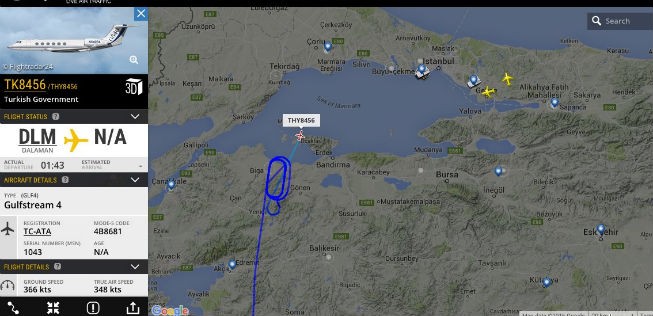 Erdogans Flieger in der Putschnacht bei Flightradar 24: Kennung von Turkish Airlines.