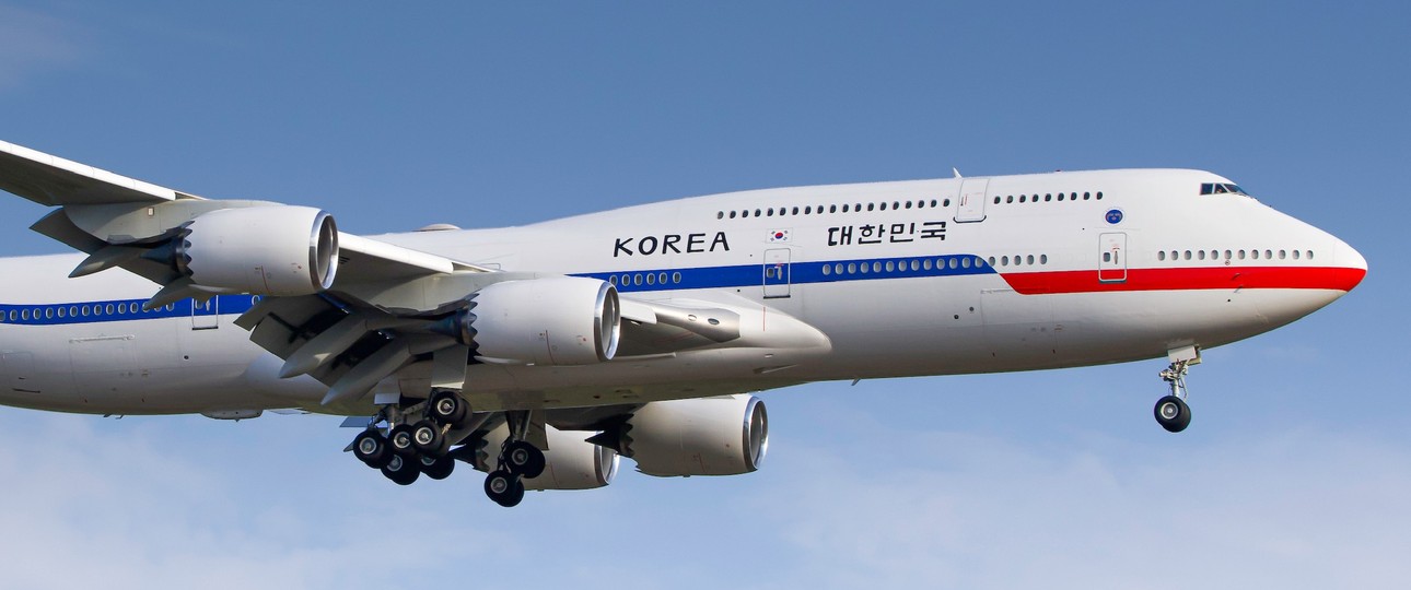Die Boeing 747-8 der koreanischen Regierung im Anflug auf Frankfurt: Es war ein kurzer Besuch.