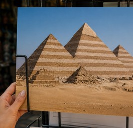 Pyramiden von Gizeh im imaginären Streifenlook auf einer Postkarte: Condor flog nicht im eigenen Design nach Kairo.