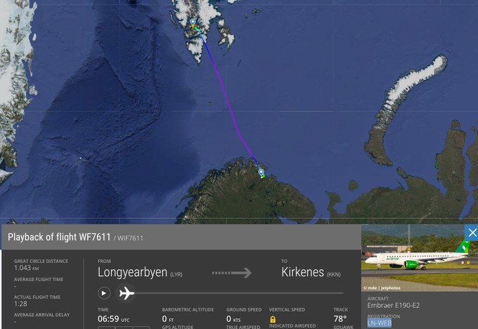 Flugverlauf von Spitzbergen nach Norwegen.