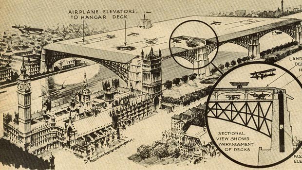 Westminster Airport, Großbritannien: Über der Themse neben Dem Parlamentsgebäude hätte 1934 ein Flughafen entstehen sollen. Die Lage wurde wegen der Nähe zum Finanzviertel gewählt. Es blieb eine Utopie.