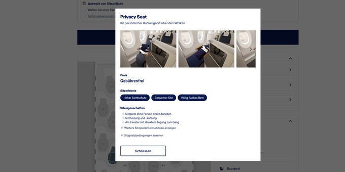 ... und der Privacy Seat. Wer in dieser Ansicht auf «Weitere Sitzplatzinformationen anzeigen» klickt ...