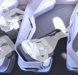 Eine Visualisierung des Sitzkonzepts Butterfly: Links die Variante Premium Economy, in der Mitte und rechts Business Class.
