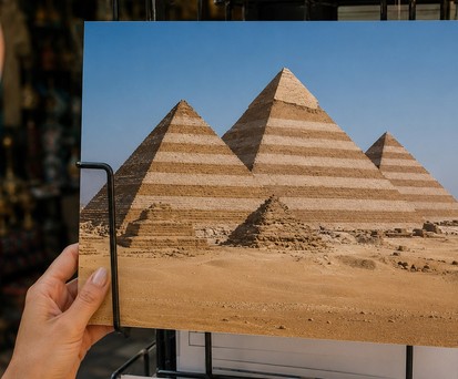 Pyramiden von Gizeh im imaginären Streifenlook auf einer Postkarte: Condor flog nicht im eigenen Design nach Kairo.