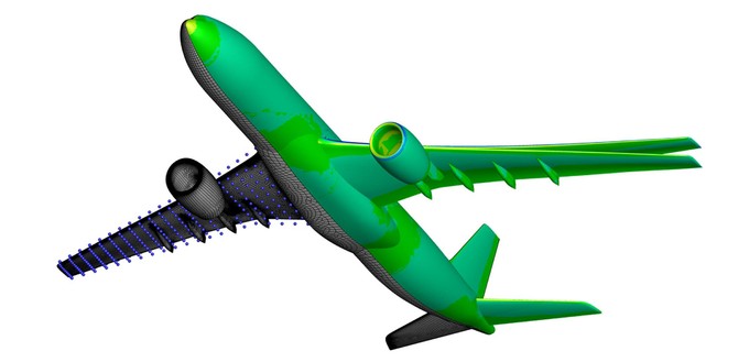 Die Com­pu­ter­si­mu­la­ti­on zeigt, wie sich die Flü­gel bei ei­nem Flug­ma­nö­ver ver­for­men. Es han­delt sich um ei­ne For­schungsflug­zeug-Kon­fi­gu­ra­ti­on. Die Wis­sen­schaft­le­rin­nen und Wis­sen­schaft­ler konn­ten mit Hil­fe der Si­mu­la­ti­ons­me­tho­den ein Lang­stre­cken­flug­zeug ent­wer­fen.