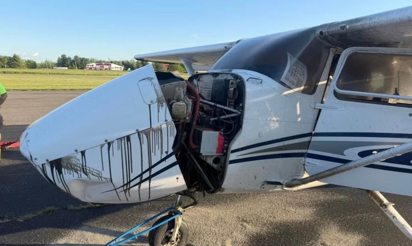 Cessna 182 nach der Landung: Der Propeller fehlt.