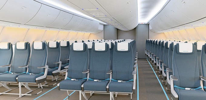 So könnte die neue Il-96-400M innen aussehen: Zu erkennen ist eine 3-3-3-Bestuhlung in der Economy Class ...