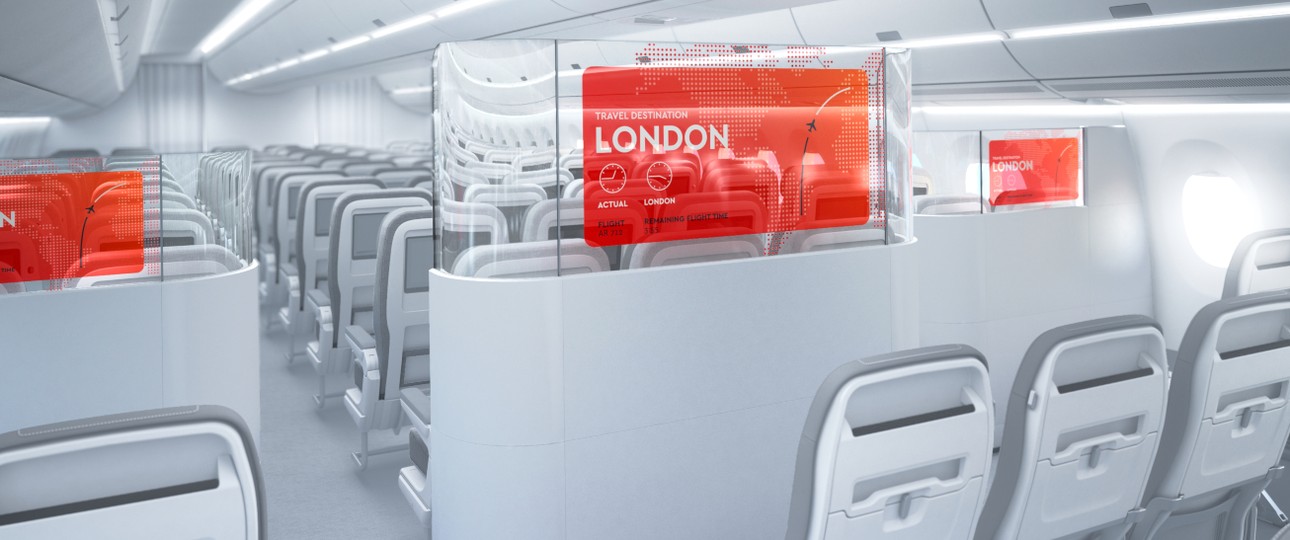 Konzepte von der Shortlist der Crystal Cabin Awards 2020: Nahezu unsichtbar möchte AERQ, ein Joint Venture von LG und Lufthansa Technik, die Trennwände zwischen den Klassen machen. Transparente Bildschirme zeigen den Passagieren Informationen und Angebote der Airline.