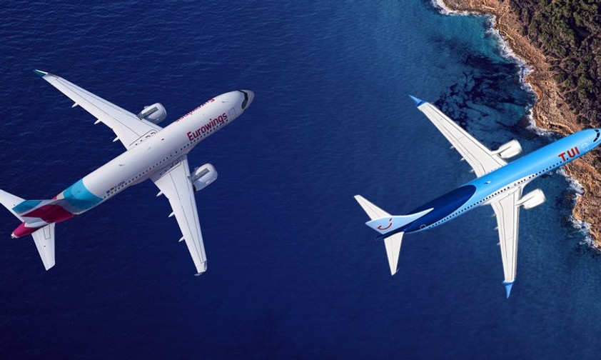 Flugzeuge von Eurowings und Tui über einer Küste (Montage): Urlaubsnachholfbedarf.