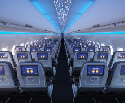 Die neue Kabine von Jetblue: Im A321 LR haben die Passagiere in der Economy Class 32 Zoll Beinfreiheit.