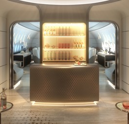 Willkommen in Lufthansa Techniks Luxus-Kabine für die BBJ 777-9: Es geht Los in der Lounge.