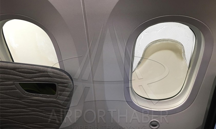 The damaged window of Turkish Airlines' first Dreamliner...