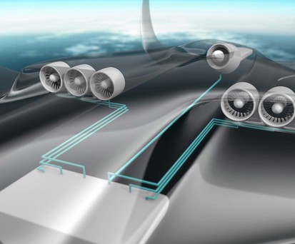 Konzeptgrafik eines Elektrohybridantriebs: Radikale Änderung des Flugzeuges.