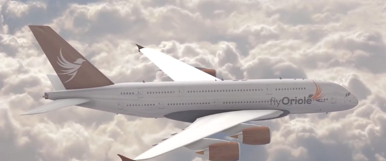 Visualisierung eines Airbus A380 im Design von Fly Oriole: Oriole ist ein Vogel, der auch vorne auf dem Flieger sowie auf dem Heck abgebildet ist.
