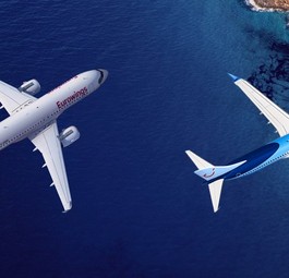 Flugzeuge von Eurowings und Tui über einer Küste (Montage): Urlaubsnachholfbedarf.