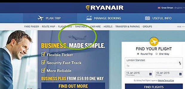 Webseite von Ryanair: Ein Aer-Lingus-Flieger schmuggelte sich aufs Bild.
