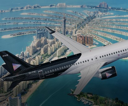 Eine Visualisierung des ACJ Two Twenty über Dubai, wo die die Firma Five von Kabir Mulchandani ihre Hotels hat.
