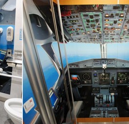 WC in Cockpit-Optik: Links der Blick in einen der Räume, rechts die Sicht von der Toilette aus.