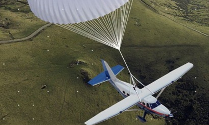 Darstellung des Rettungssystems: Mit Fallschirm zu Boden gleiten.