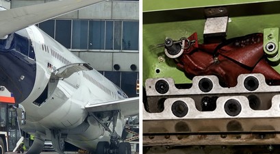 Die auf der Nase liegene Boeing 787, vergessener Verriegelungsstift: kleines Teil, großer WIrkung.