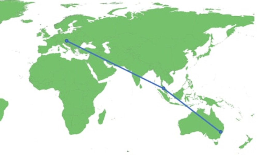 Austrian fliegt nonstop nach Sydney. Der Rückflug erfolgt nicht nonstop sondern via Penang in Malaysia