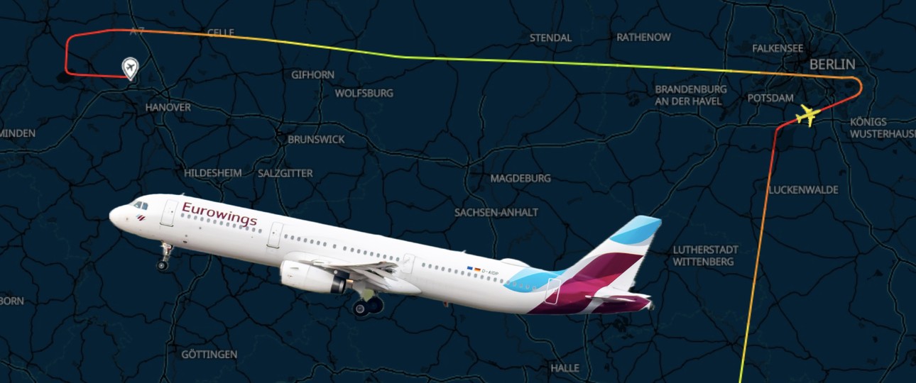 Ein Airbus A321 von Eurowings und der Flugverlauf am 27. Juli 2024: Von Berlin weiter nach Hannover.