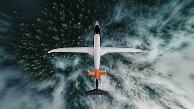 Electron E5 von oben: Das Flugzeug hat mit 18 Metern eine große Spannweite.