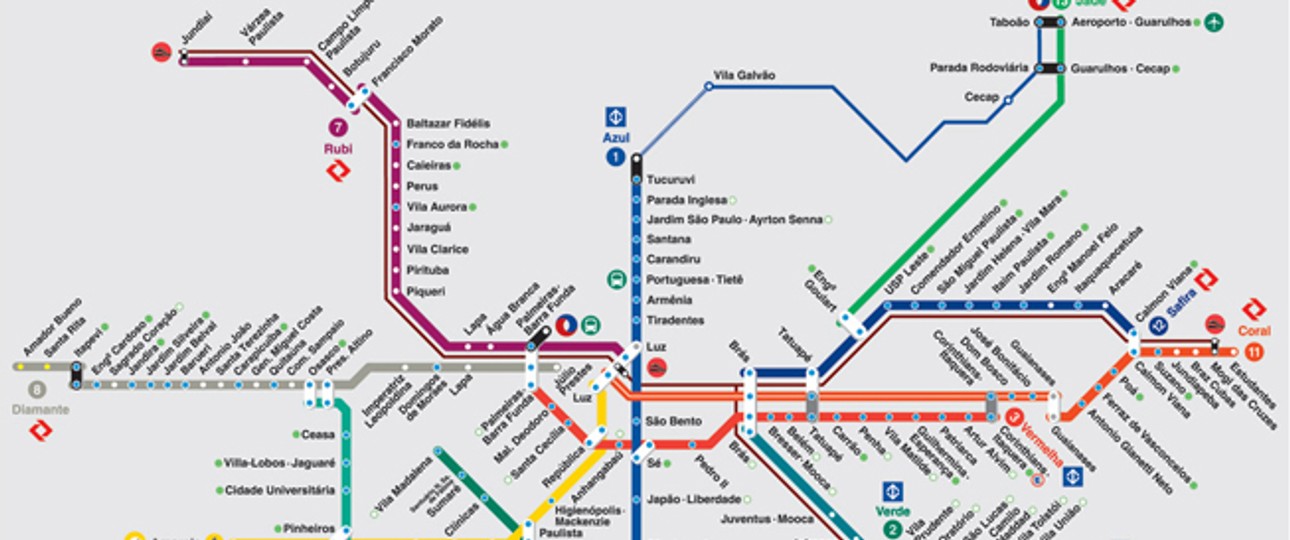 Ausschnitt aus dem Netz der Vorortsbahn von São Paulo: Die neue Linie 13 führt zum internationalen Flughafen.