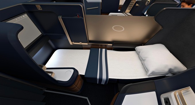 Die Business Class. Hier lässt sich jeder Sitz in ein flaches Bett verwandeln.