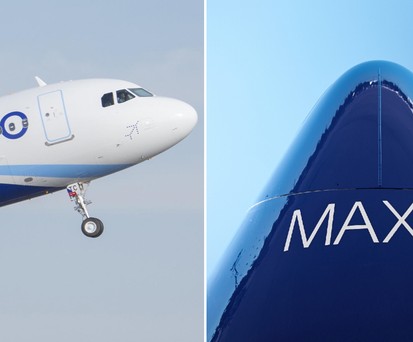 Ein Airbus A320 Neo von Indigo und die Nase einer Boeing 737 Max 8 von Southwest Airlines, von unten fotografiert: