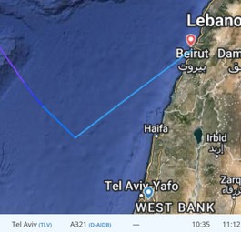 Angezeigte Flugroute des Lufthansa-Fluges FRA - TLV am 10. Februar: Nicht richtig.