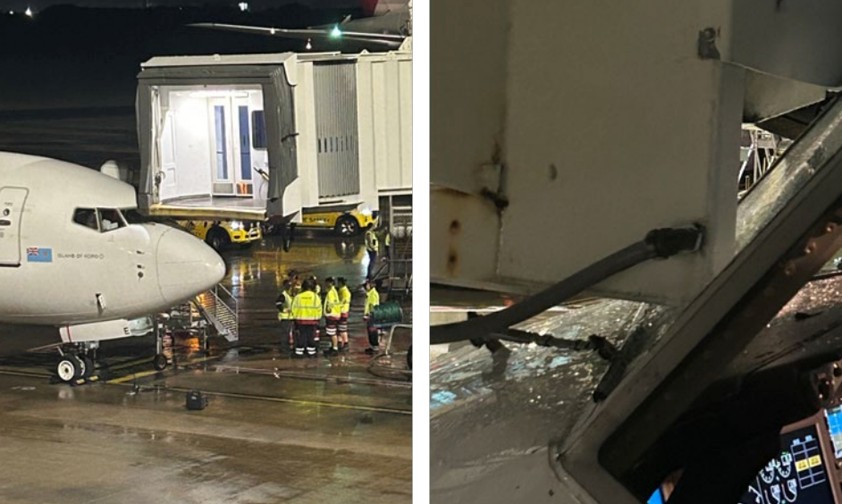 Bilder des Zwischenfalls mit Fiji Airways: Die Fluggastbrücke hat die Cockpitscheibe getroffen.