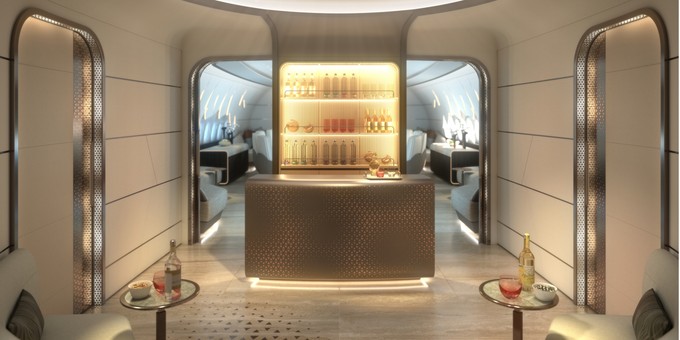 Willkommen in Lufthansa Techniks Luxus-Kabine für die BBJ 777-9: Es geht Los in der Lounge.