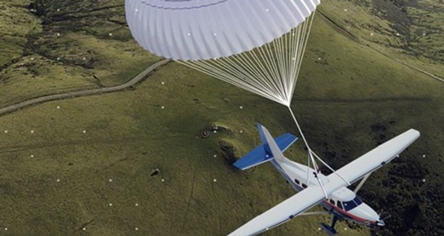 Darstellung des Rettungssystems: Mit Fallschirm zu Boden gleiten.