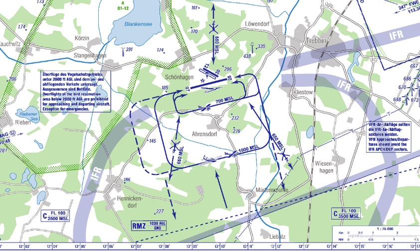 Platzrunden-Karte des Flugplatzes Schönhagen: Die DFS bietet kostenlos nur  eingeschränkte Optionen bei der neuen Erweiterung.