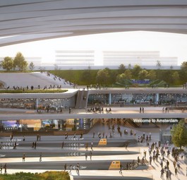 Darstellung eines künftigen Hyperloop-Bahnhofs am Amsterdamer Flughafen: Die Royal Schiphol Group glaubt an die Technologie.