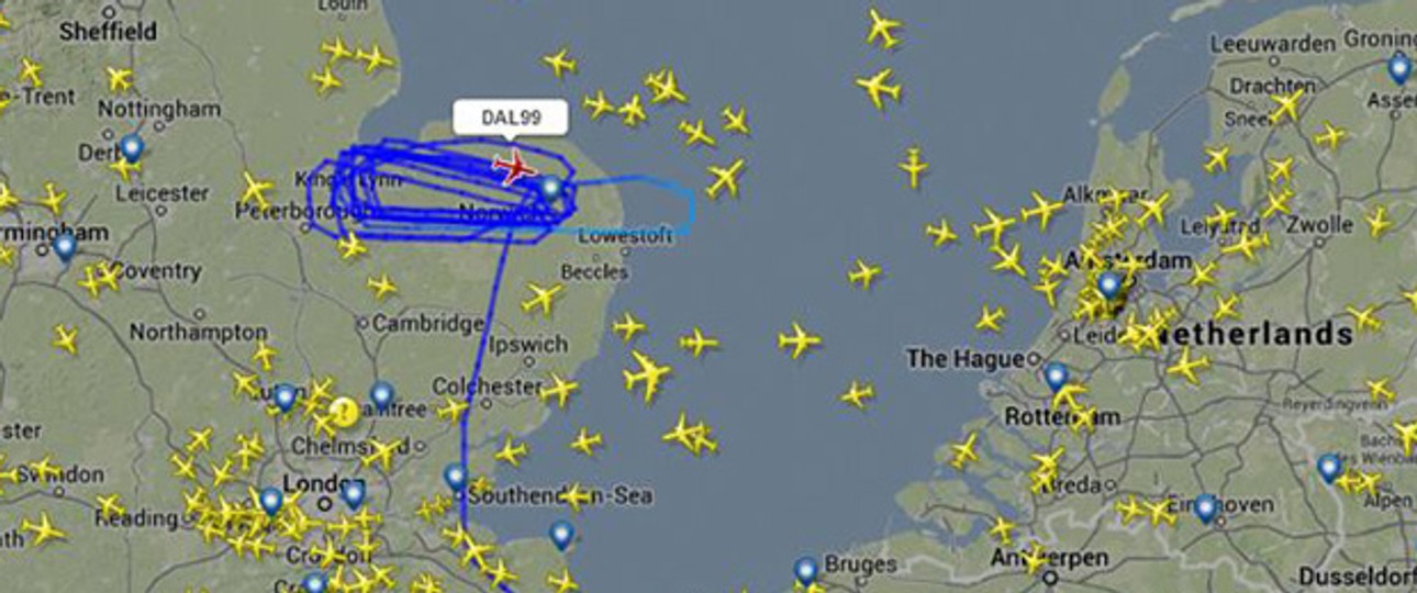 Flugstrecke des Delta-Fliegers: Der Airbus musste mehrere Stunden lang kreisen.